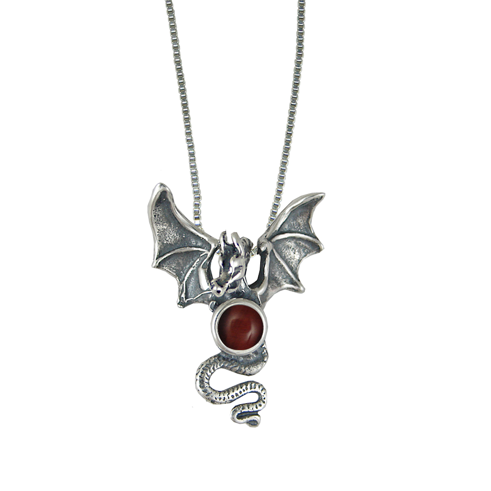 Sterling Silver Dragon of Protection Pendant With Red Tiger Eye